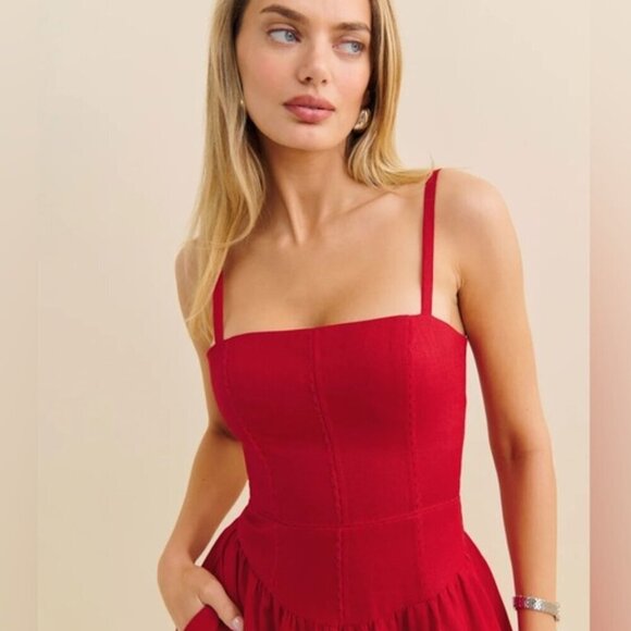 NEW Reformation Katarin Linen Midi Dress Lipstick Red Lace Detail | size 2 - Picture 2 of 12